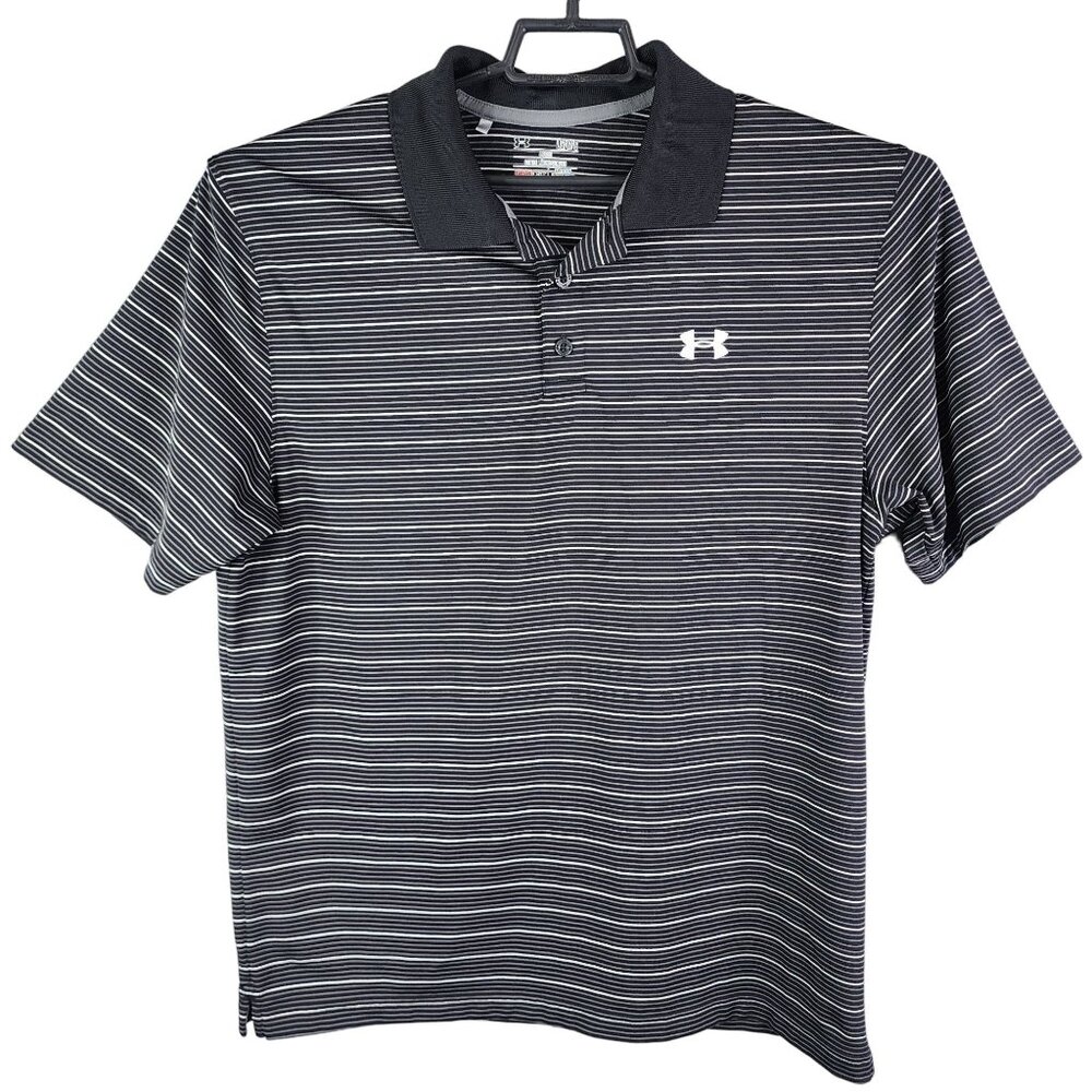 Mens Under Armour Polo Shirt HeatGear Loose Fit Black & White Striped Size L